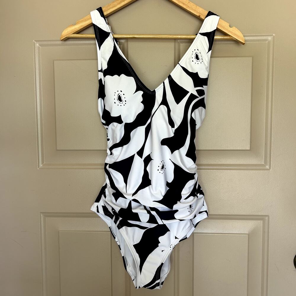 Anne Cole Navy Blue White Floral Ruched One Piece Swimsuit Size 6